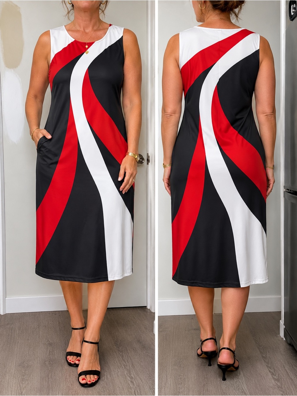 Women’s XXL Abstract Sleeveless Wave Detail Midi Dress Red Black White Artsy
